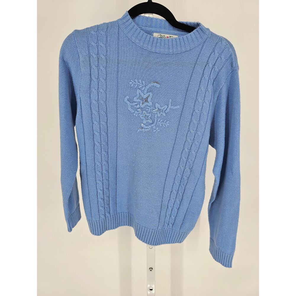 Haband Womens Sz S Crew Neck Knit Sweater Light Blue Cable Knit Floral